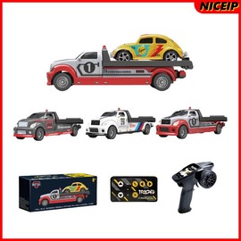 Hotfree 1/64 Mini RC Flatbed Truck, 2.4GHz Alloy Transporter Model with Movable Tailboard, App Control & Remote Control Tow Truck, 3-Speed Adjustable, USB-C Rechargeable, Indoor Outdoor Racing Toy, Fun Birthday Gift for Kids, Boys and Dad:_SLIVER (Single controller)