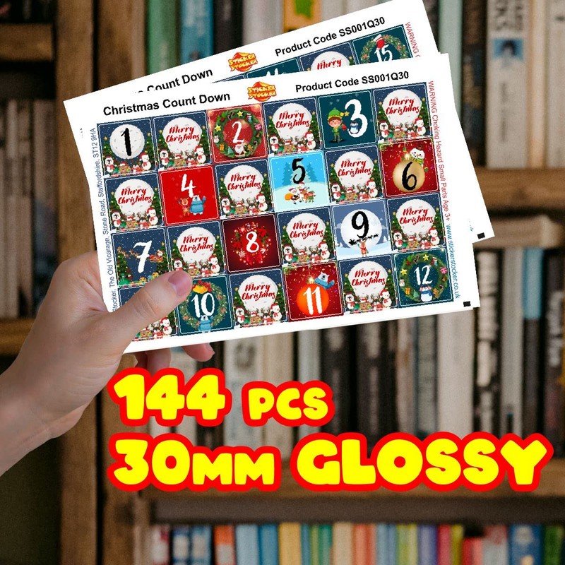144 Christmas Countdown Advent Number Square Stickers 30mm Glossy Stickers