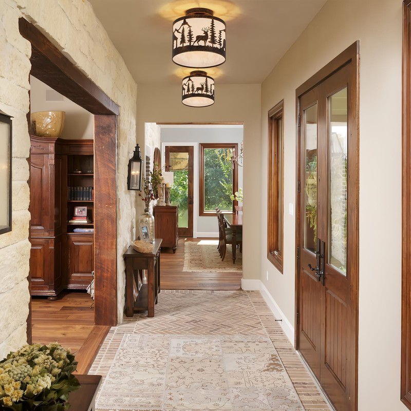 Rustic Semi Flush Mount Ceiling Light with Shade, Black Metal