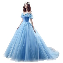2024 Blue Ball Gown Prom Dress New Movie Princess Cinderella Cosplay Dress Off The Shoulder Organza Long Prom Gown Prom Dress