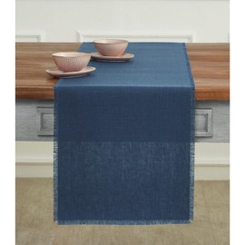 Solino Home Fringe Linen Table Runner 48 Inch – 100% Pure Linen Vintage Blue Short Table Runner 14 x 48 Inch Ideal for Dresser and Coffee Tables - Spring, Easter