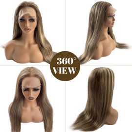 Highlight Lace Front Wig Human Hair Straight 13X4 HD Balayage Glueless Wigs Human Hair 150% Density Ombre Light Brown Mixed Brown with Ash Blonde Lace Front Wig Pre Plucked Hairline 32 Inch