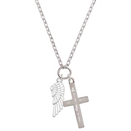 Delight Jewelry Silvertone Large White Enamel Angel Wing I Have Plans for You Engraved Cross Zoey Necklace, 28"