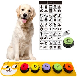 Yeffxior 5-Pack Dog Talk Button Set, 30-Second Recorded Talk Buttons for Communication with Dogs with 50 Scene Stickers and Non-Slip Mat for Pet Training, Buzzer for Pet Talk Training