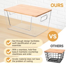 2 Set Pantry Organizer and Storage, Stackable Clear Acrylic Kitchen Counter Pantry Baskets for Potato, Onion, Produce, Fruit, Vegetable, Snack, with Bamboo Top