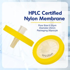 Pack of 30 Nylon Syringe Filters 0.22 um Pore Size, 25 mm Membrane Diameter, Laboratory Syringe Filter, HPLC and GC Syringe Filter, Yellow (Barrels Packed)
