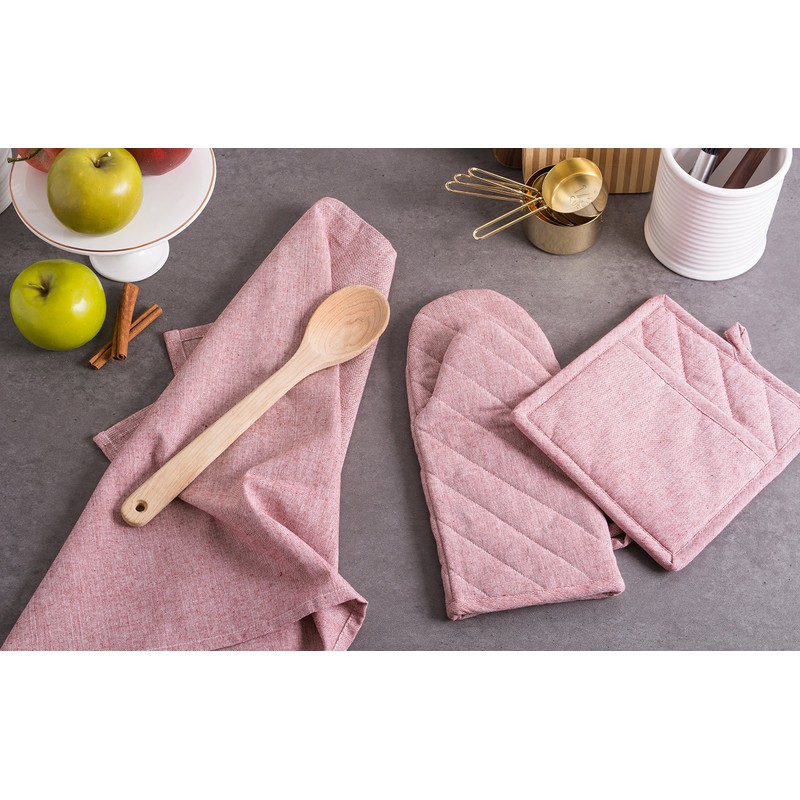 DII 100% Cotton Solid Chambray Kitchen Set, Potholders, Barn Red,