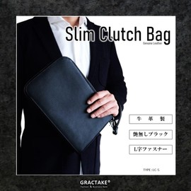 GRACTAKE LC-S Clutch Bag, Second Bag, Men's, Genuine Leather, Smaller, L-Shaped Zipper, Thin, Formal, Weddings, Black