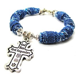 ChubbyChicoCharms God Bless First Responders Blue Jean Distressed Denim Toggle Bracelet