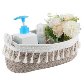 SOFPLATE 12.6 x 6.9 x 4 Inch Cotton Woven Rope Basket Macrame Boho Basket Thistle Bohemian Style Tassel Small Organizing Storage Box Bin for Home Bedroom Nursery Living room Entryway DIY Decoration