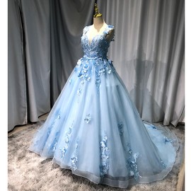 Ball Gown Tulle Off-The-Shoulder Sleeveless Applique Sweep/Brush Train Quinceanera Dresses Sky Blue