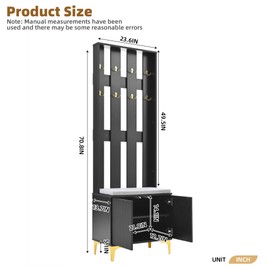 Polibi Modern Versatile 4-in-1 Hall Tree with Cushion,Luxury Coat Rack with 8 Gold Hooks and Legs,Entryway Bench with Adjustable Shelves & Fluted Doors for Hallway,Living Room,Black(23.6"*70.8")