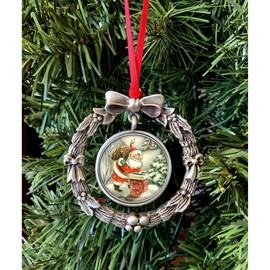 Santa Claus Coin Wreath Silvertone Pewter Ornament | Colorized JFK Half Dollar | Red Ribbon | Certificate of Authenticity