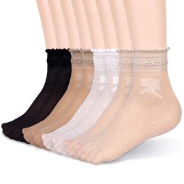 Mcool Mary 12 Pairs Women's Sheer Ruffled Socks Frilly Ankle High Nylon Stocking Summer Ultra Thin Cool Silk Dot Socks for Women