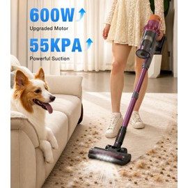 Cordless Vacuum Cleaner, 600W 55KPa Vacuum Cleaners for Home, Powerful Self-Standing Stick Vacuum with Anti-Tangle Brush & LED Display, Rechargeable Vacuum for Pet Hair, Carpets & Hard Floors, Purple