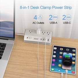 Desk Clamp Power Strip with USB C, JXGUCAT PD 20W Fast Charging Power Station, Removable Desk Clamp Mount Power Strip Surge Protector, 10 ft Cord with 4 Outlet 4 USB Ports, Fit 1.8" Tabletop Edge