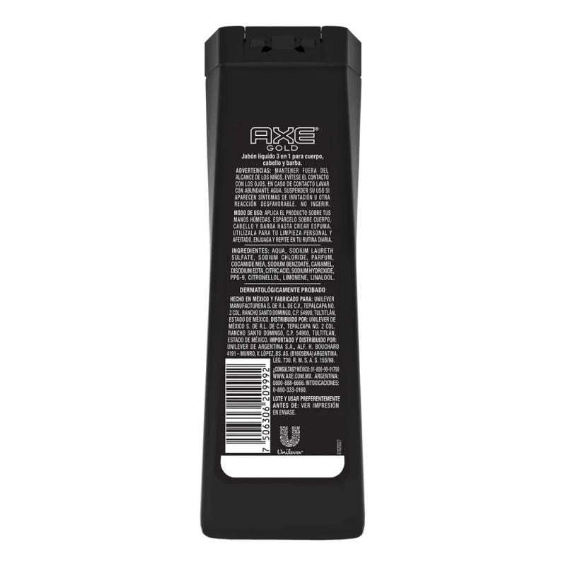 Jabón Líquido Corporal 3 en 1 Axe Gold 400 ml