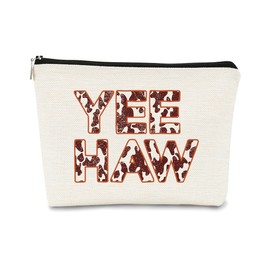 Yee Haw Cowgirl Cow Print Glitter Vintage Western Farmhouse Makeup Bag Cosmetic Bag Zipper Travel Toiletry Bag Best Birthday Christmas Gift Idea for Cowgirls Teen Girls Women,Cowgirl Gifts for Girls