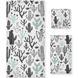 Naanle Retro Cactus Soft Set of 3 Towels, 1 Bath Towel+1 Hand Towel+1 Washcloth, Decorative for Bathroom, Hotel, Kitchen, Spa and Beach