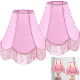 Pink Silk Fabric Bell Lamp Shades Set of 2, Victorian Fringe Trim Scalloped Lamp Shade 6"x13"x10.6"(Spider),Replacement Shades for Table,Floor Lamps,Nordic Decor,Easy Assembly, Hand Crafted By GO&SO