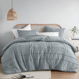 Comfort Spaces Blue/Grey Cal King Size Comforter Set - 3 Pieces Pintuck Pleated Bedding Sets Cal King, All Season Lightweight, Extra Softness Pre-Washed Microfiber Cal King Bed Set, Shams, Cal King