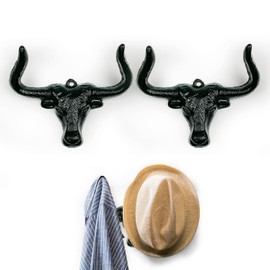 DZHPSRSZ 2 Pack Cowboy Hat Rack for Wall,Cast Iron Cowboy Hat Hanger,Western Longhorn Cowboy Hat Holder,Hat Hacks for Bedroom,Living Room(Black)