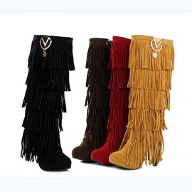 Bubumei Womens Fringe Tassel Stiletto Boots Faux Suede Moccasin High Heel Western Cowboy Knee High Boot Black