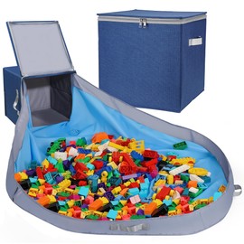 SAM AND MABEL Toy Storage Organizer with Play Mat for Kids – 13" x 13" x 13" Storage Box, Stackable and Foldable Cubby Baskets for Playroom, Nursery Bins for Boys and Girls (Noble Blue)