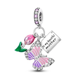 Pandach - abalorio de plata de ley 925 para pulseras y collares, mariposas y auriculares, colgantes de trébol, joyería regalo para mujeres, Plata de ley, Circonita cúbica