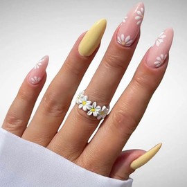 Press on Nails Short Medium Almond Fake Nails with Designs Exquisite Petal Stick on Nails Full Cover Glossy Acrylic Nails for Women Gifts Reusable Full Cover Gel Nails-24PCS (Yellow)