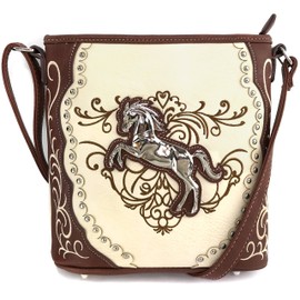 Justin West Horse Embroidery Studded Concealed Carry Handbag Purse Matching Wallet (Cream Messenger Only)