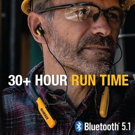 DEWALT Auriculares inalámbricos Bluetooth con Banda para el Cuello - Auriculares con Banda para el Cuello con 15 Horas de autonomía - Auriculares inalámbricos con Aislamiento del Ruido