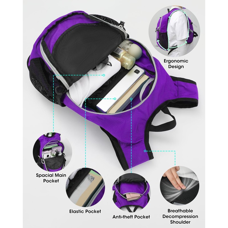 VPBAGE Hiking Daypack, Purple, Small, Daypack Backpacks