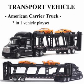 CORPER TOYS Transport Car Carrier Truck Toy Detachable Die-cast Pull Back Play Vehicles Car Set for Kids with Lights and Sounds Sets of 3 Black