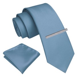 RBOCOTT Dusty Blue Skinny Tie and Pocket Square with Tie Clip Set(6cm-44)