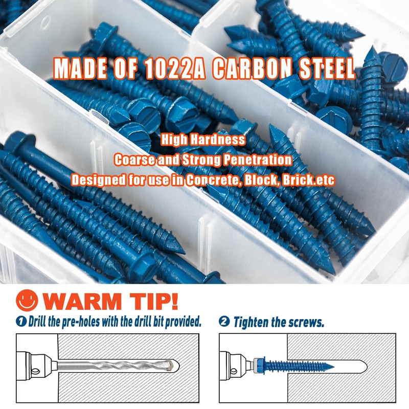 RURITKIT 200Pcs Concrete Screws with Drill Bit and Driver bit,