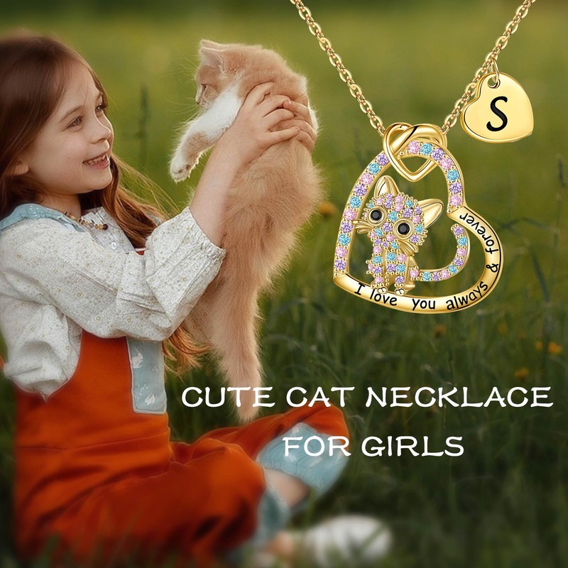 Hidepoo Cat Gifts - Gold Cat Necklace Heart Pendant Initial