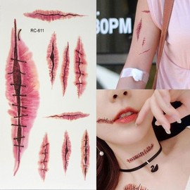 Halloween Day Tattoo Stickers Set of 10 Horror Scars Wound Makeup Zombie Costume Tattoo Henna, 1 Piece, C Type No. 611 Set of 10 / 할로윈데이 타투스티커 10장 세트 호러 흉터 상처분장 좀비 코스튬 문신 헤나, 1개, C타입 611번 10장세트