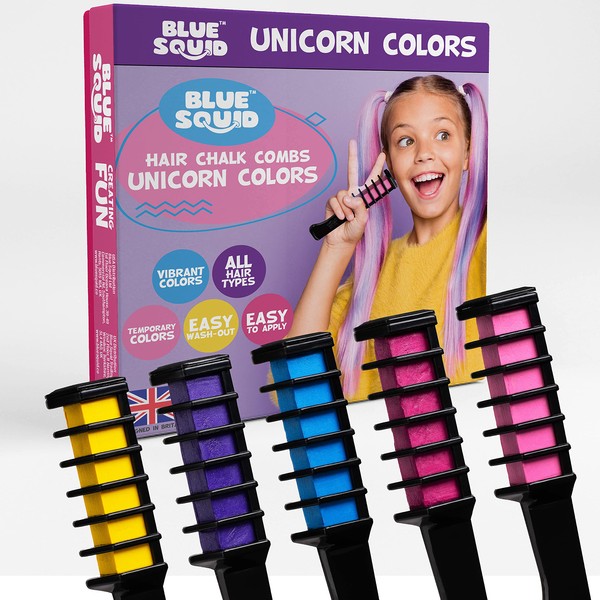Blue Squid Hair Chalk for Girls - Unicorn Hair Pack of 5 Pastel Tones Temporary Children's Hair Colour, Washable Hair Colour, Gift Ideas for Teenage Girls and Boys