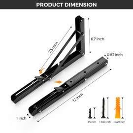 JOY DECOR 12 Inch Heavy Duty Folding Shelf Brackets, 2 Pack (1 Pair) Collapsible Wall Mounted Brackets for Fold Down Table, Stainless Steel Folding Table Hinge, Matte Black