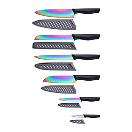 Marco Almond KYA36 12-Piece Knife Set, 6 Knives with 6 Blade Guards, Dishwasher Safe Rainbow Titanium Stainless Steel Kitchen Knives Set with Sheath, Black