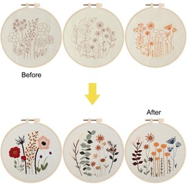 Allpdesky 3 Pack Embroidery Starter Kit for Beginners Stamped Cross Stitch Kits with Cute Flowers and Plants Patterns with Embroidery Hoops and Color Threads for Adults Kids