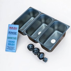 3-Compartment Drop-in Stainless Steel Concession Sink Kit, 12.75x7x6 inches, with Strainers and Waterproof Safety Labels