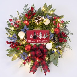 Prelit Christmas Wreath for Front Door Outside,22 inch Buffalo Plaid Wreath with tarten Plaid Bow,Lighted Farmhouse Christmas Decoration with 30 LED Lights,Winter Door Wreath,Christmas Porch Decor