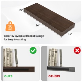FLYJOE Floating Shelves for Wall, 24" W x 6.7" D x 1.5" H, Wooden Wall Mounted Display Shelves with Invisible Brackets for Living Room, Bedroom, Bathroom, Kitchen Decor and Storage, Set of 2, Walnut