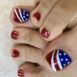 Independence Day Press on Toenails Short Square Red Fake Toenails with Stars and Stripes Designs Glossy Glitter False Toenails Summer Glue on Toenails Reusable Stick on Toenails for Women 24Pcs