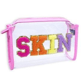 Fablinks Preppy Skin Care Travel Bag, Clear TSA Approved Skincare Toiletry Pouch for Women, Chenille Letter Patch Zipper Bags for Teen Girls