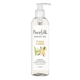 Pure Silk Aceite de afeitado de vainilla cálido para mujeres, aceite de afeitar para un afeitado suave, todo tipo de piel, vitamina E hidratante, aloe