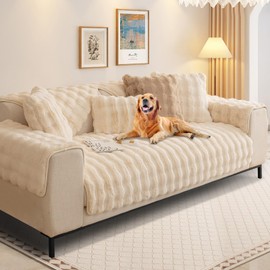 Rabbit Plush Sofa Cover, L-Shape, 1 / 2 / 3 / 4-Seater Sofa Cover, Corner Sofa, U-Shape, 2023 Universal Non-Slip Sofa Protector, Super Soft Sofa Throw Made of Faux Fur for the Living Room (White, 70 x