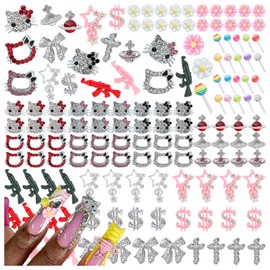 XIYONALI XIYONALI 124PCS Nail Charms for Acrylic Nails,Silver Nail Jewels Cat Bow Planet Gun Dollar Sign Star Cross Resin Flower Candy Nail Accessories for Nail Art Supplies Manicure Craft DIY